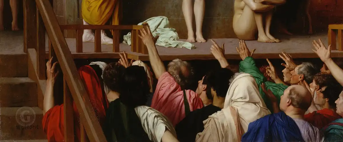festmény, Gazdaság, Jean-Léon Gérôme, Munkaerő, Ókori Róma, Rabszolga-árverés, rabszolgaság, római birodalom, társadalom, történelem