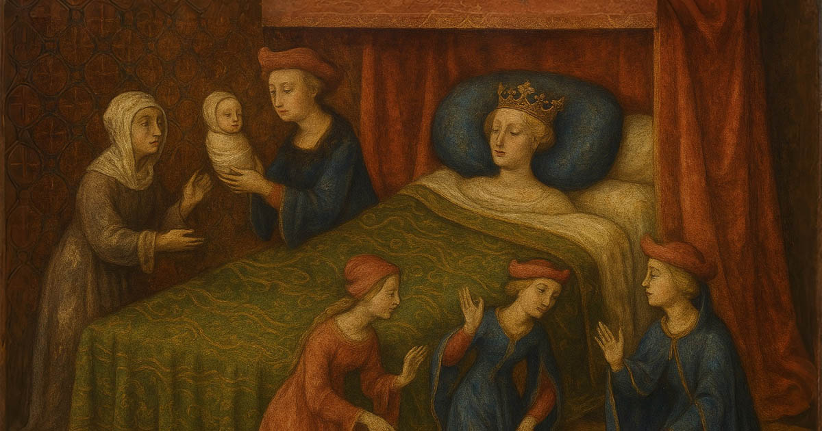 bábák, királyi családok, királynék szülése, középkor, középkori higiénia, középkori szülés, nőtörténelem, szülési halandóság, szülési szokások, történelem