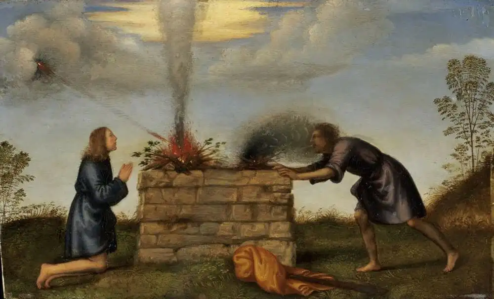 Ábel, Ádám és Éva, áldozat, Biblia, bűnbeesés, Édenkert, eredendő bűn, féltékenység, festészet, galéria, gyilkosság eszköze, irigység, Isten, Káin, kereszténység, ószövetségi történet, szamár állkapcsa, Teremtés könyve, testvérgyilkosság, vallás