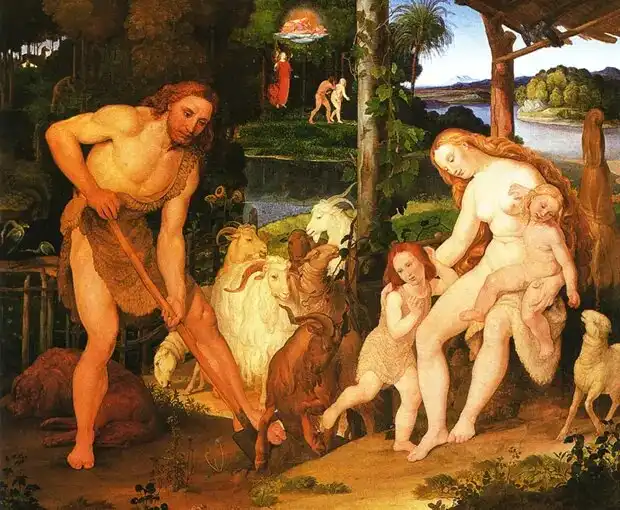 Ábel, Ádám és Éva, áldozat, Biblia, bűnbeesés, Édenkert, eredendő bűn, féltékenység, festészet, galéria, gyilkosság eszköze, irigység, Isten, Káin, kereszténység, ószövetségi történet, szamár állkapcsa, Teremtés könyve, testvérgyilkosság, vallás