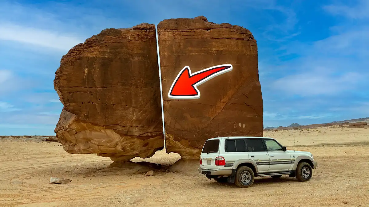 Al-Naslaa: egy tökéletesen félbevágott szikla a sivatagban, ami rejtély a tudósok számára Al-Naslaa, Charles Huber, elméletek, földönkívüli, geológia, látványosság, ősi civilizációk, petroglifák, régészet, rejtély, sivatag, Szaúd-Arábia, szikla, Tayma, természeti képződmény, törésvonal, turizmus